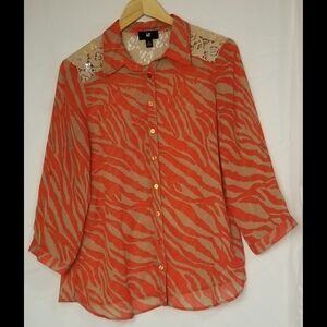 Iz Byer Burnt Orange And Tan Zebra Print Sheer Blouse Size L/XL